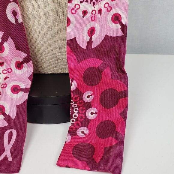 COACH Breast Cancer Awareness Slim Scarf Signature Logo Pink Red Silk Reversible - Picture 15 of 16